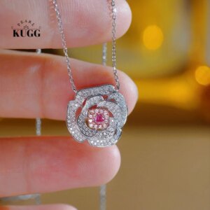 KUGG 100% 18K White Gold Necklace Classic Rose Shape 0.60carat Real Natural Pink&White Diamond Necklace for Women Party Jewelry