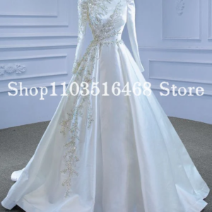 Gorgeous Satin Muslim Wedding Dresses White High Neck Beaded Applique Long Sleeve Custom Prom Dresses vestidos de novia