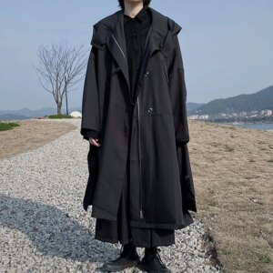 Japanese Designer Style Dark Niche Coat Men and Women Spring Autumn Overknee Long Loose Hooded Overcoat