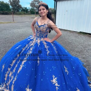 Royal Blue Quinceanera Dresses With Gold Lace Appliques Spaghetti Vestidos De 15 Años With Cape Ball Gown Dress For Sweet 15 16