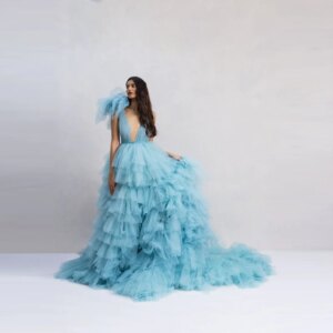 Sexy Deep V Neckline Maxi Dress for Women Soft Tulle Blue Prom Gowns Ruffle Shoulder Lush Off The Shoulder Layered Party Dresses