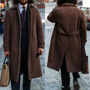 Fashion Classic Men Coat Herringbone Drawstring Overcoat Single Breasted Vintage Man Suits Customized Daily Casual Jacket