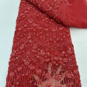 Red African Heavy Beaded Lace Fabric, Nigerian Sequins Net Groom Fabric, Wedding Party Dress, High Quality, 5 Yards, 2025 A957-1