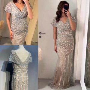 Luxury Dubai Silver Nude Mermaid Evening Dresses for Women Wedding Elegant Cap Sleeves Arab Formal Party Gowns