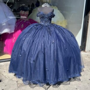 Royal Blue Princess Quinceanera Dresses Off Shoulder Applique Flower Beading Tull Sweet 16 Dress Ball Gown Vestidos 15 Anos