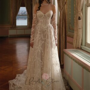 Full Lace Appliques Off the Shoulder Court Train A-line Wedding Dress 2025 Customized Pearls Floor Length Bridal Dresses