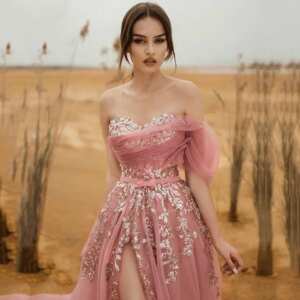 Pretty Pink Women Prom Dresses Sweetheart One Shoulder Floor Length A-line Appliques Shiny Sweet Female Evening Party Gowns