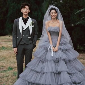 Grey Light Wedding 2025 New Princess Fluffy Pleated Party Dress Tube Top Sleeveless Formal Dress Women Elegant Evening Dresses