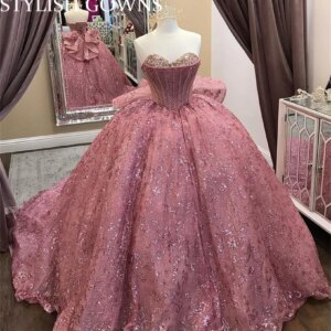 Pink Beaded Quinceanera Dresses Ball Gown 2023 Sweetheart Rose Gold Sequins Sweet 16 Dress Lace-up Prom Robe De Bal Customized