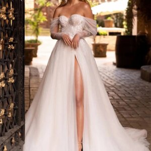 Elegant One Shoulder Lace Wedding Dresses, Solemn Applique Bridal Gown, Simple Long Sleeve Floor-Length Customized Gown Vestidos