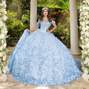 Sky Blue Quinceanera Dresses Ball Gown Off The Shoulder 3D Flower Lace Applique Beaded Crystal Tull Corset Sweet 16 Vestidos De