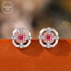 Aazuo Fashion 18K Solid White Gold Real Pink & White Diamonds Lovely Square Stud Earring Gifted For Women Wedding Party Au750