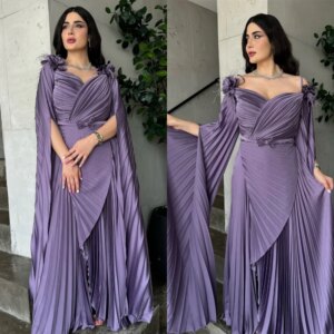 Customized  Fashion  Purple Jersey Evening Dress Exquisite Strapless Off the Shoulder Short Sleeves Bespoke Occasion Go