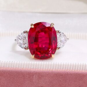 Provence 18K/14K/10K Solid Gold Elongated Cushion Pigeon Blood Ruby With Heart Moissanite Huge Main stone Ring Customized Gift