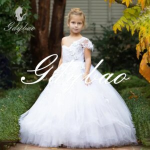 Lace Applique Short Sleeve One Shoulder A Line Wedding Party Girl Dress Floor Length Sweep Train Long Ball Flower Baby Gown 2024