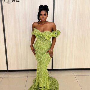 Elegant Bead Pearls Mermaid Formal Evening Dreses Green Crystal Ruffles Prom Dress Long Gala Party Gown Customized Robes Soiree