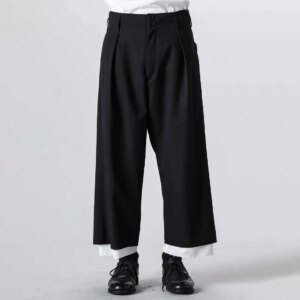 YOJI OOAK black and white double-layer straight leg slacks designed to feel the raw edge of the pant legs with minimal white wid