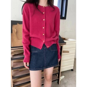 100 Cashmere Metal Button Candy Color Wool Knitted Sweater 2024 Autumn Round Neck Solid Color Long Sleeve Open Front Women’s