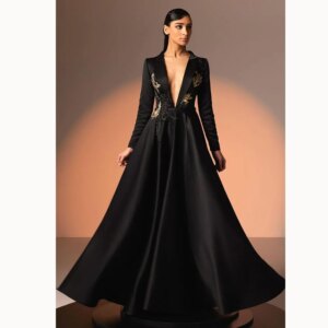 Elegant Black Evening Dresses Chic Long Sleeve Appliques V-Neck Floor Length Draped Prom Dress Special Occasion Luxury Gowns