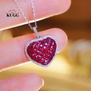 KUGG 18K White Gold Necklace Luxury Heart Design Real Natural Diamond Natural Ruby Necklace for Women High Engagement Jewelry