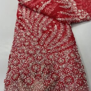 Nigerian Lace Fabric 2025 High Quality 5Yard Red Lace Fabric Beaded Lace Fabric Luxury Sequins Net Lace for Wedding Dress Q455-1