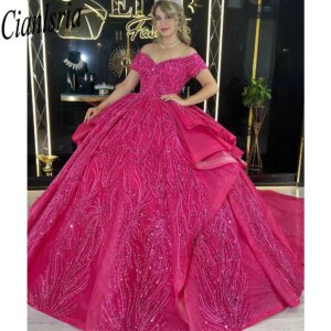 Fuchsia Off The Shoulder Ruffles Quinceanera Dresses Ball Gown Luxury Sequined Beading Crystal Sweet 15 Birthday Party