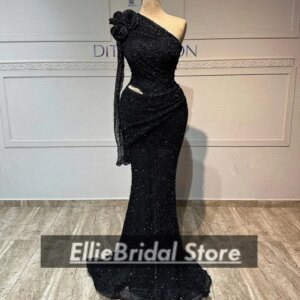 Black One Shoulder Evening Dresses Exquisite Sequin Beaded Long Mermaid Prom Dress 2025 Vestidos De Gala Female Customized
