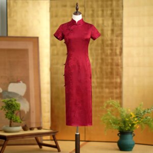 New Improved Banquet Dress Daily Cheongsam Qipao Women’s Clothing Red, Long Jacquard High Quality Real Silk