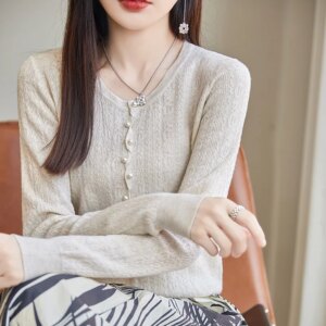Western Style Unique Embossed Women’s Wool Silk Low round Neck Irregular Pearl Button Spring Pullover Top