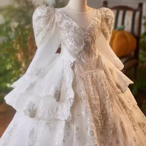 NAF79 Customized Princess Flower Girl Wedding Party Dress Beading Puffy Long Sleeve Runway Pageant Wear Birthday Evening Dresses