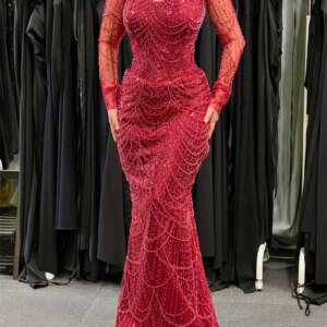 Elegant Red Beaded Women Evening Dress Sheer Neckline Mermaid Long Sleeves Formal Party Dresses Pearls Prom Gowns Custom Made