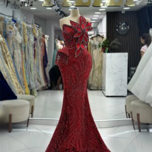 Red Luxury Mermaid Evening Dresses vestidos de ocasión formales Beaded 3D Applique Leaves Wedding Party Gowns robe de soirée