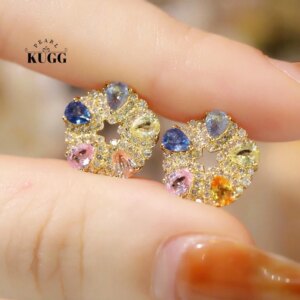 KUGG 18K Yellow Gold Earrings Romantic Flower Design Luxury Diamond Natural Color Sapphire Earrings for Women Wedding Jewelry