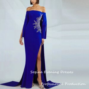 Boat Neck Crepe Prom Dresses 2025 With Pearls-Embellished فساتين للمناسبات الخاصة Floor-Length Crepe Evening Dress Blue Gowns