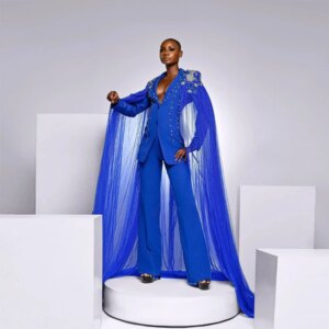 Royal Blue Women Suits With Cape Single Breasted Bride’s Mother Dresses Customized Ladies Formal Occasion Business Blazers 2025