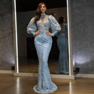 2025 Luxury Blue Evening Dresses High Collar Full Sleeves Floor Length Mermaid Lace Cut out Fashion Women Banquet Prom Gowns