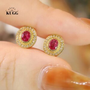KUGG 100% 18K Yellow Gold Earrings Natural Diamond Natural Ruby Stud Earrings for Women Elegant Oval Shape High Party Jewelry