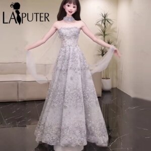 Luxury Grey Blue Evening Dresses Sequin A line Strapless Neck Crystals Party Dress Extra Halter Ribbon Luxury Sequined Prom Gown