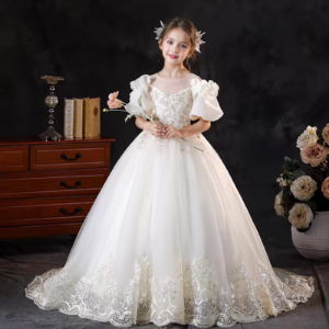Jill Wish Luxury White Appliques Lace Girl Dress with Bow Princess Kids Long Wedding Birthday Pageant Party Evening Gown J346
