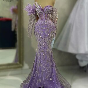 Luxury Crystal Beaded Lilac Mermaid Evening Dress Dubai Long Sleeves Off Shoulder Wedding Gowns Prom Party Dress Robe De Soiree
