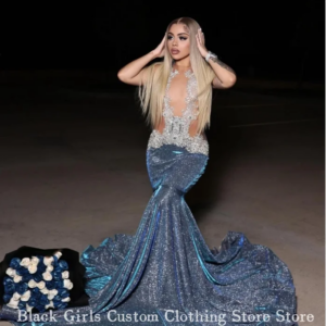 Luxury Blue Prom Dress Glitter Sheer Beaded Black Girls Birthday Party Celebrity Dresses Vestidos De Fiesta Largos Customized