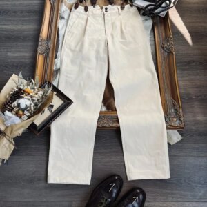 AnnualRing French Retro High Waist Fishtail Straight Work Pants 385g Original Embryo Cotton Fabric Twill Cotton Seed Shell