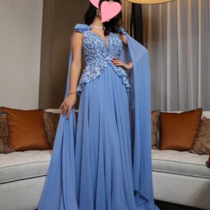 Fortunate Evening Elegant Vintage Sweet Sexy Blue Beads Lace Bow Chiffon V-Neck Formal Occasion Prom Dress Evening Party Gowns