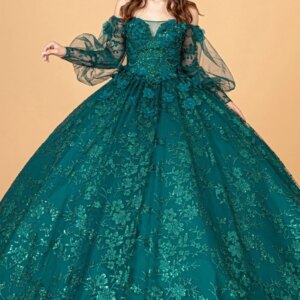 Sparkly Emerald Green Quinceanera Dress Ball Gown Puff Sleeve Lace Appliques Beading Tull Sweet 16 Vestido De 15 Anos