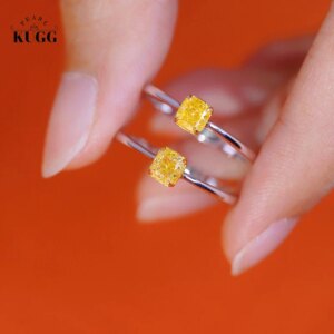 KUGG 18K White Gold Rings 0.42carat Real Natural Yellow Diamond Engagement Ring for Women Wedding Jewelry Shiny Mimimal Style