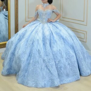 Sky Blue Shiny Quinceanera Dresses Off Shoulder Ball Gown Sweet 16 Dress Sequin Applique Lace Beading Tull Birthday Party Vestid