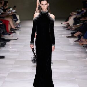 L377 New High neck Black Velvet With Sliver Bead Long SleeveMermaid  فساتين السهرة vestidos de fiesta  فساتين سهره evening dress
