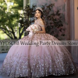 Customized Pink Mexico Ball Gown 2025Dress Sweetheart Corset Ruffle Handmade Elegant Party Dresses 3D Flower Luxury Shiny Pink