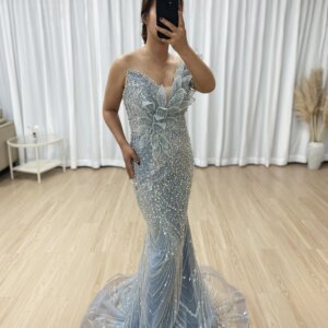 MYMB Elegant Blue One-Shoulder Evening Gown With Floral Applique Sparkly Beaded Sequins for Women Party Gowns Custom MB40363