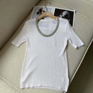 Summer Women White Sweater Silk Wool Beaded Chain U-Neck Short Sleeve Casual Slim Knitted Pullover